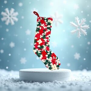 Vintage handmade Stocking with Red, Green, and white granny square Design